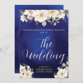 エレガントなロイヤルブルーのバラのファンシーQRコードウェディング 招待状 (正面/裏面)