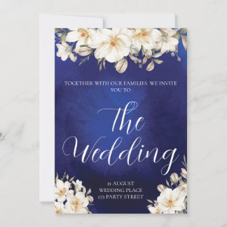 エレガントなロイヤルブルーのバラのファンシーQRコードウェディング 招待状