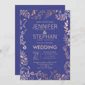 エレガントなロイヤルブルーのバラの金ゴールドの花の結婚式 招待状 (正面/裏面)