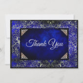 エレガントなロイヤルブルーの花柄の偽のシルバー サンキューカード (正面)