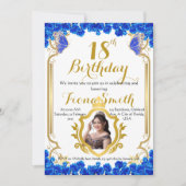 エレガントなロイヤルブルーの花柄の誕生日招待状カード 招待状 (正面)