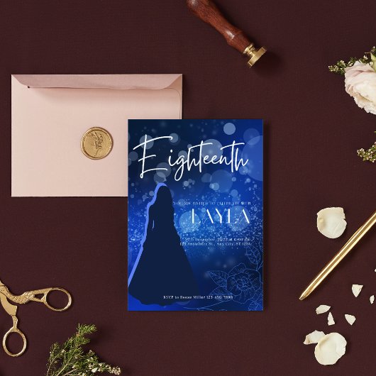 エレガントなロイヤルブルーの18歳の誕生日パーティー招待状 招待状
