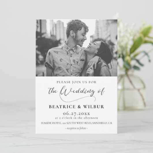 エレガントなロマンチックなカリグラフィー写真ウェディング 招待状 (スタンド正面)