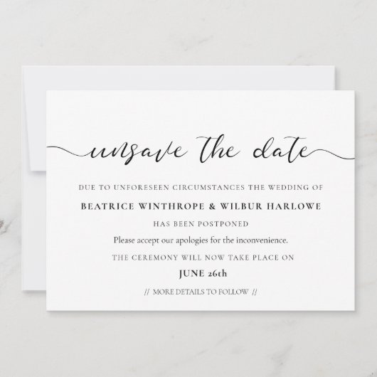 エレガントなロマンチックな結婚式の延期・中止のお知らせ 招待状 (正面)