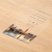 エレガントなロンドンのスカイライン 水彩 結婚式のアーチ アクリル招待状 (レイダウン)