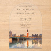 エレガントなロンドンのスカイライン 水彩 結婚式のアーチ アクリル招待状 (正面)