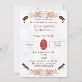 エレガントなローズの花をあしらったオリジナルの卒業式招待状 招待状
