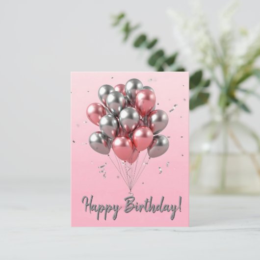 エレガントなローズゴールドとシルバーの風船の誕生日パーティー ポストカード (スタンド正面)