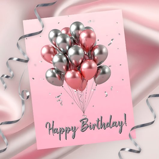 エレガントなローズゴールドとシルバーの風船の誕生日 ポストカード