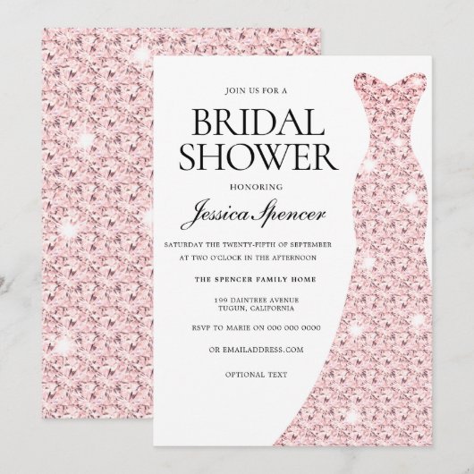 エレガントなローズゴールドのウェディングドレス ブライダルシャワー 招待状 (正面/裏面)