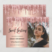 エレガントなローズゴールドのグリッターがスウィート16に滴る 招待状 (正面/裏面)