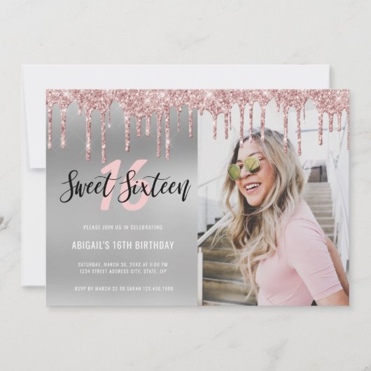 エレガントなローズゴールドのグリッターがスウィート16に滴る 招待状 (正面)
