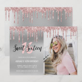 エレガントなローズゴールドのグリッターがスウィート16に滴る 招待状 (正面/裏面)