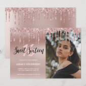 エレガントなローズゴールドのグリッターがスウィート16に滴る 招待状 (正面/裏面)