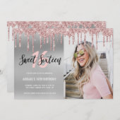 エレガントなローズゴールドのグリッターがスウィート16に降り注ぐ 招待状 (正面/裏面)