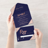 エレガントなローズゴールドのグリッター ネイビーブルーのバット・ミツバ オールインワン招待状 (貼ってはがせる)