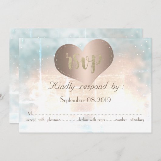 エレガントなローズゴールドのハートウェディング RSVP カード (正面/裏面)