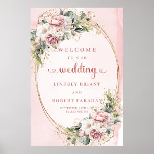 エレガントなローズゴールドのブッシュフラワーの結婚式ウェルカム ポスター