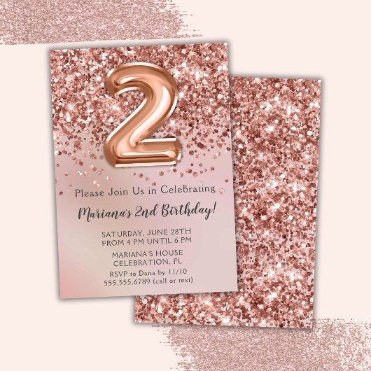 エレガントなローズゴールドの女の子の2歳誕生日パーティー招待状 招待状