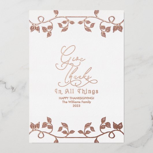 エレガントなローズゴールドの感謝のスクリプト ファミリー フォト 箔シーズンカード (正面)