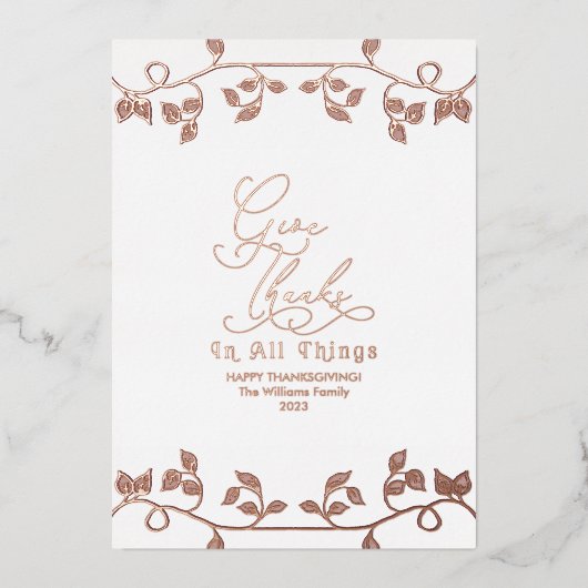 エレガントなローズゴールドの感謝のメッセージ スクリプト ファミリー フォト 箔シーズンカード (正面)