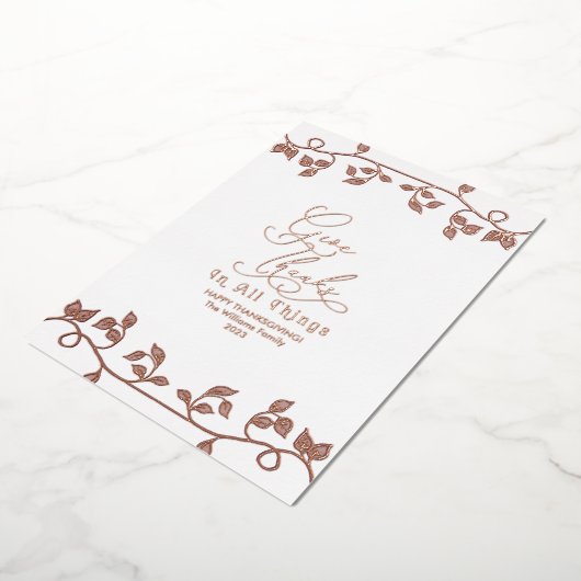 エレガントなローズゴールドの感謝のメッセージ スクリプト ファミリー フォト 箔シーズンカード (回転した状態)