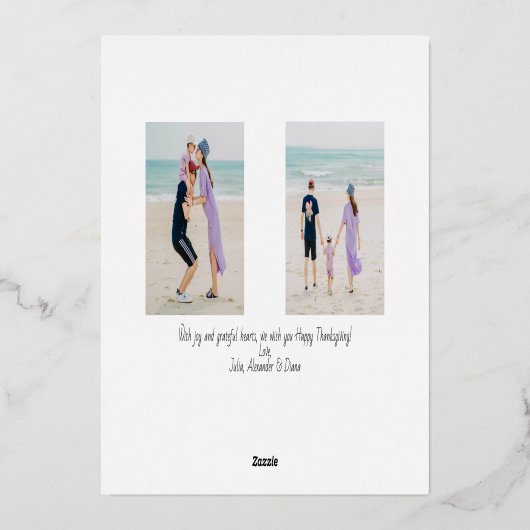 エレガントなローズゴールドの感謝のメッセージ スクリプト ファミリー フォト 箔シーズンカード (裏面)