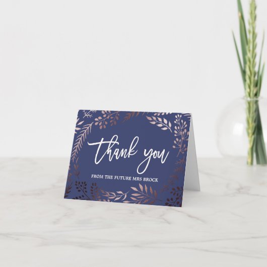 エレガントなローズゴールドの感謝の意を表す未来のMrs.からのメッセージ サンキューカード (正面)