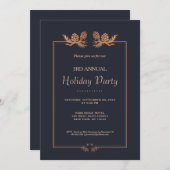エレガントなローズゴールドの松ぼっくりが紺色のホリデーパーティー 招待状 (正面/裏面)