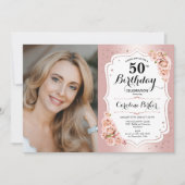 エレガントなローズゴールドの白い写真 50歳の誕生日 招待状 (正面)