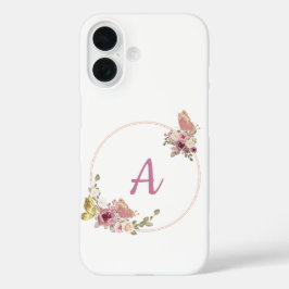 エレガントなローズゴールドの花柄フレーム - 名前入り iPhone 16ケース