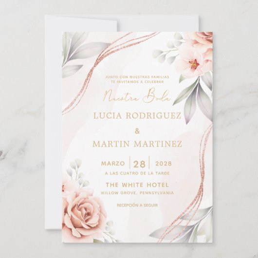 エレガントなローズゴールドの花 Nuestra Boda 招待状 (正面)