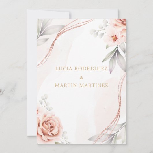 エレガントなローズゴールドの花 Nuestra Boda 招待状 (裏面)