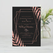 エレガントなローズゴールドの葉のブラックウェディング 招待状 (スタンド正面)