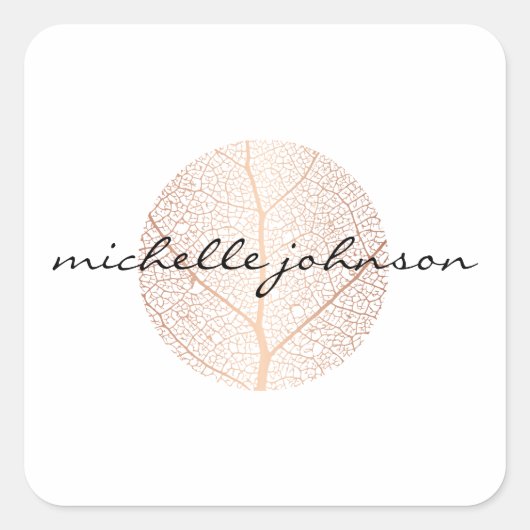 エレガントなローズゴールドの葉のロゴ(白地) スクエアシール (正面)