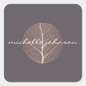 エレガントなローズゴールドの葉のロゴ(紫) スクエアシール (正面)