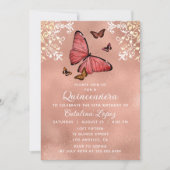 エレガントなローズゴールドの蝶の花のキンセアニエラ 招待状 (正面)