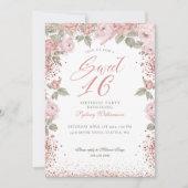 エレガントなローズゴールドグリッター ピオニー フローラル スイート16 招待状 (正面)