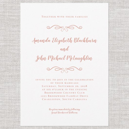 エレガントなローズゴールドピンクのタイムレスなフォーマルウェディング 招待状