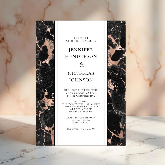 エレガントなローズゴールドブラックマーブルウェディング 招待状