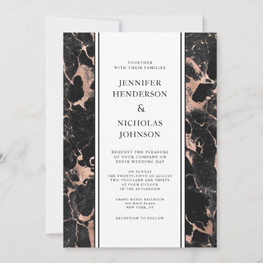 エレガントなローズゴールドブラックマーブルウェディング 招待状 (正面)