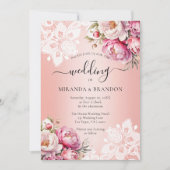エレガントなローズゴールド ウォーターカラー フローラル ウェディング 招待状 (正面)