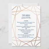 エレガントなローズゴールド & ネイビーブルーの幾何学的なメニュー 招待状 (正面)