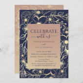 エレガントなローズゴールド ネイビー 結婚式の披露宴 招待状 (正面/裏面)