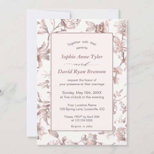 エレガントなローズゴールド フレンチ トワール フラワーのウェディング 招待状 (正面)