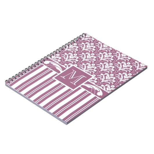 エレガントなローズピンクおよび白いアールデコのダマスク織の花柄 ノートブック (左側)