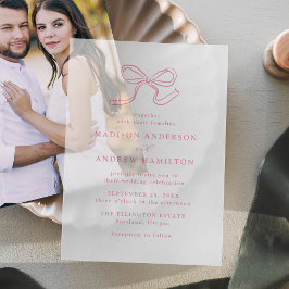 エレガントなローズピンクのリボン 結婚式 ベラム紙招待状