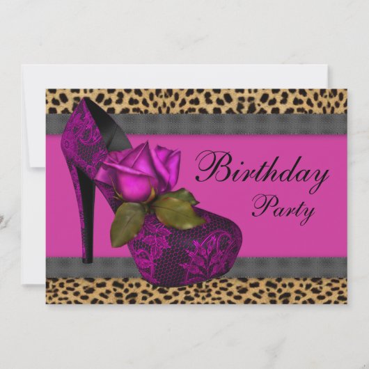 エレガントなローズフューシャ ホットピンク レオパード 誕生日 招待状 (正面)