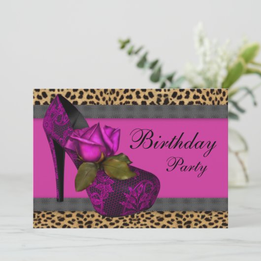 エレガントなローズフューシャ ホットピンク レパード 誕生日 招待状 (スタンド正面)