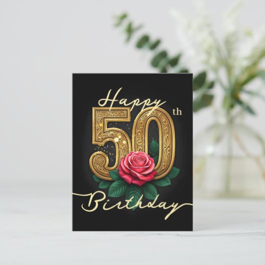 エレガントなローズブルームとラックスゴールドの50歳の誕生日 ポストカード (スタンド正面)